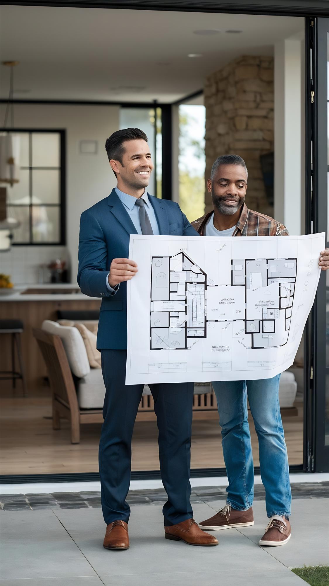 agent imobiliar prezentând plan apartament